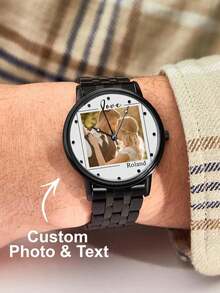 1pc Customized Photo Watch, Personalized Picture & Text Couple Wristwatch, Customizable Engraved Photo Watch, Personalized Engraved Watch, Couple Photo Watch, Dual-Sided Display; Strap Size: 20cm*1.8cm/7.87in*0.39in; Dial Width: 3.8cm/1.5in; Thickness: 0.86cm/0.34in.