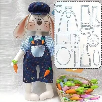 1 mẫu rập may hình thỏ mặc quần yếm (khoảng 30cm), mẫu rập búp bê nhồi bông hình thỏ Miss Rabbit bán trong suốt, mẫu vải mềm mại làm búp bê thỏ thủ công, có thể giặt và tái sử dụng.