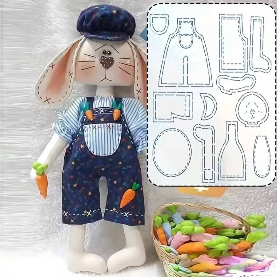 1 mẫu rập may hình thỏ mặc quần yếm (khoảng 30cm), mẫu rập búp bê nhồi bông hình thỏ Miss Rabbit bán trong suốt, mẫu vải mềm mại làm búp bê thỏ thủ công, có thể giặt và tái sử dụng.