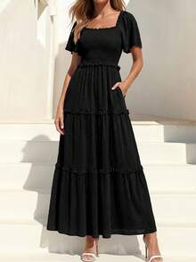 Women's Bohemian Summer Dress - Swiss Dot Smocked Square Neck Short Sleeve Maxi Dress For Spring Wedding Guest & Vacation - 黑色 - 查看 2