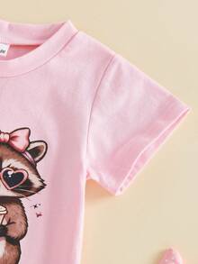 Camisetas de manga corta para bebé niña, cuello redondo, letras bonitas, estampado de oso, camisetas casuales de verano - Rosa - Ver 4