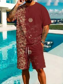 Men's Athletic Short-Sleeved Beach Shorts Set, Featuring A Red And Gold Chinese Dragon Pattern All-Over Print, Drawstring Design, Slightly Stretchy Polyester Fiber, Sporty And Casual Style, Lightweight And Comfortable, Machine Washable All Year Round. - Nhiều màu - Xem 2