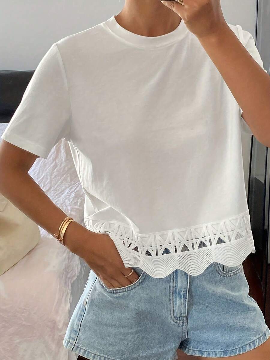 Blusa holgada de cuello redondo de manga corta con borde de concha blanco sólido, para uso casual de verano en vacaciones - Blanco - Ver 1