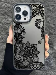 1pc Black Lace Pattern Personalized TPU Shockproof Phone Case Compatible With Apple 17, 16, 15, 14, 13, 12, 11 Pro Max, And Series