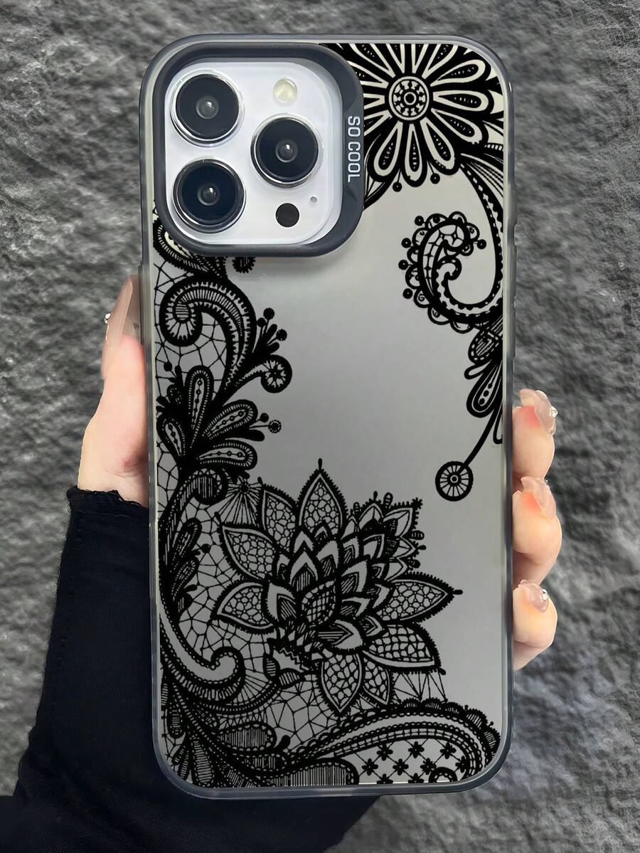 1pc Black Lace Pattern Personalized TPU Shockproof Phone Case Compatible With Apple 17, 16, 15, 14, 13, 12, 11 Pro Max, And Series