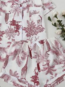 Giraffe & Monkey Print Short Sleeve Shorts Pajama Set For Women - Red - View 6