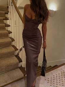 Elegant Fashion Young Lady Party Zipper Ruffle Backless Bustier Long Leather Belted Dress - Brown - View 5