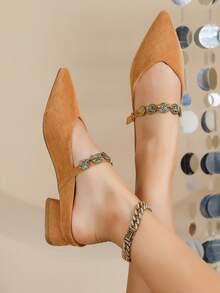 Women's New Pointed Toe Low Heel Mules, Fashionable Slip-On Mary Jane Shoes - Brown - View 4