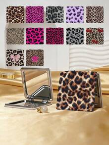 1pc Y2K Leopard Print Vanity Mirror, Foldable Lightweight Compact Handheld Mirror, Durable PU Leather, Suitable For All Occasions, Portable Pocket Mirror With Colorful Leopard Print, Bow, Cherry, And Star Patterns, Folding Design, Reliable And Scratch-Resistant - Multicolor - View 1