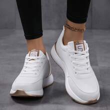 女士PU皮革白色时尚百搭春季休闲轻便运动鞋 - 白金 - 查看 3