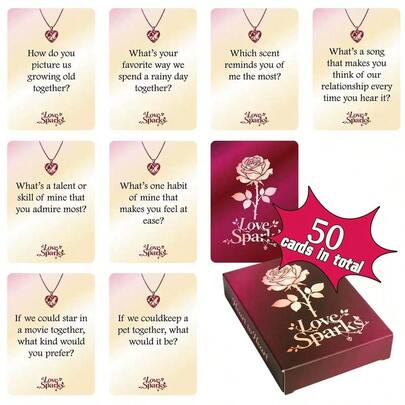 "Love Sparks 50PCS Couple Conversation Card Game - Romantic Relationship-Building Question Cards For Couples, Intimate Date Night Activity To Deepen Connection, Perfect Valentine's Day/New Year Gift For Boyfriend/Girlfriend, Sweet Communication Game For Lovers"