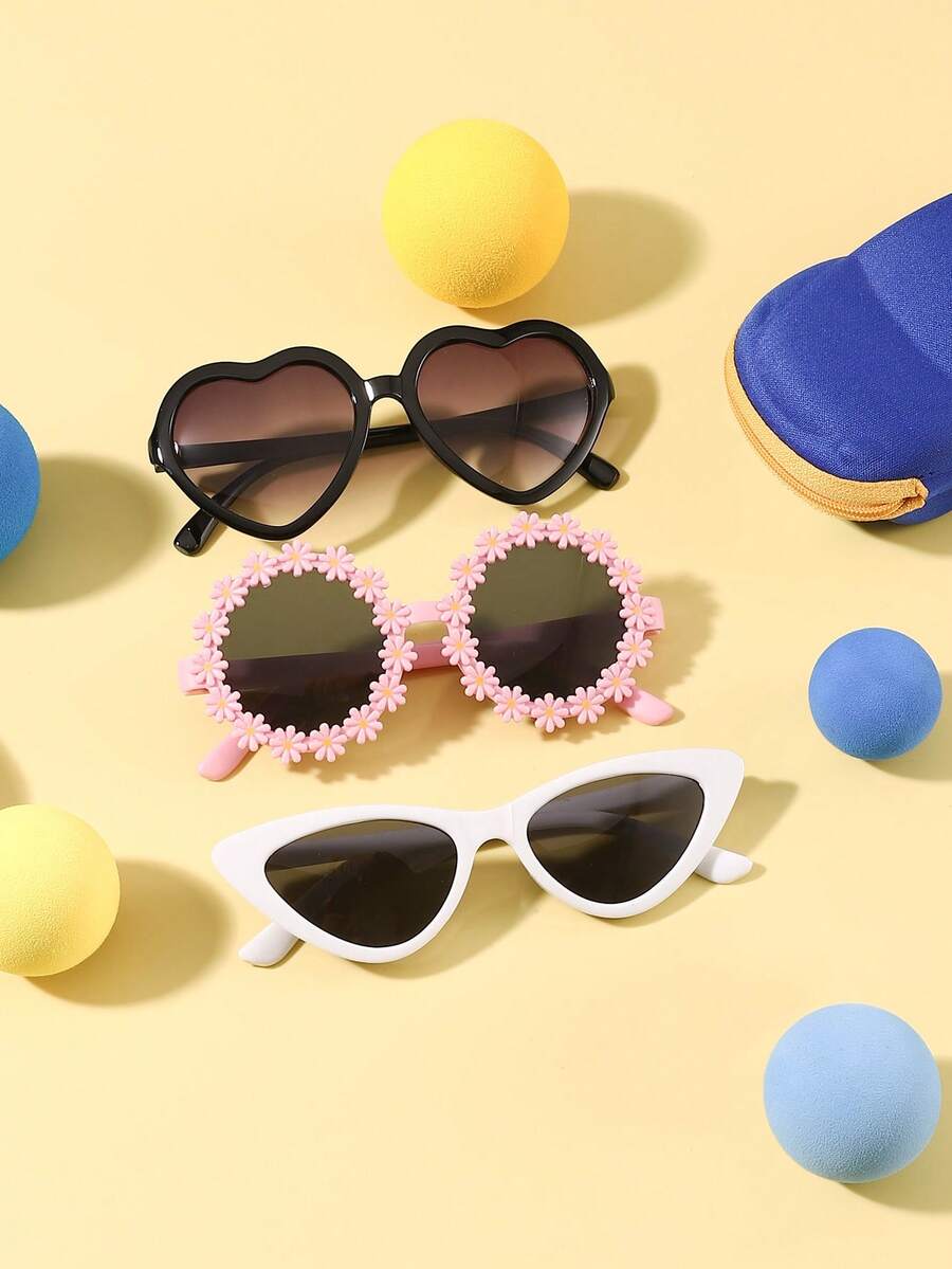 1 Set 3PCS Boy's And Girl's 3-8Y Polycarbonate Cat Eye Heart-Shaped Frame Cute Vers Fashion Glasses, Outdoor Travel Sun Protection Festival Party Outfit, With Glasses Case - Multicolor - View 1