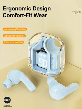 STSEarConect 透明真无线蓝牙耳机，入耳式降噪耳机，带麦克风，高保真立体声，游戏耳机，USB充电，适合通话和户外运动，附赠硅胶耳塞套