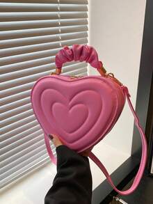 New Stylish Crease Simple Heart-Shaped Cute Solid Color Pleated Handbag, Shoulder Bag, Crossbody Bag For Shopping - Pink - View 11