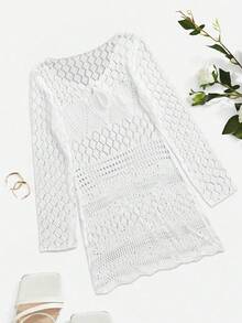 Robe de plage à manches longues en tricot, style européen et américain, minimaliste et sexy, pour femmes. Coupe ajustée avec motif ajouré, idéale pour les vacances d'été - Blanc - Voir 6