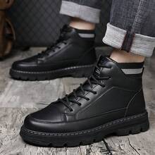 Men's Faux Leather/Suede Ankle Work Boots - Lace-Up Knit Collar & Non-Slip Lug Sole Comfortable Boots For Outdoor & Casual Wear - Black - View 1