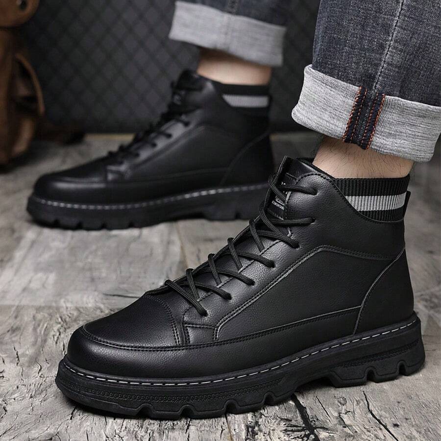 Men's Faux Leather/Suede Ankle Work Boots - Lace-Up Knit Collar & Non-Slip Lug Sole Comfortable Boots For Outdoor & Casual Wear - Black - View 1