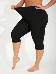 三条装女士加大码黑色紧身裤，休闲百搭弹力舒适塑形裤，适合居家、瑜伽、户外、运动，七分裤长，夏季款 - 黑色 - 查看 5