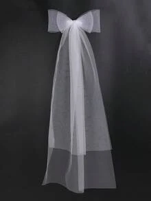 1件白色蝴蝶结薄纱新娘长头纱，优雅婚礼新娘披肩头纱，情人节配饰 - 白色 - 查看 9