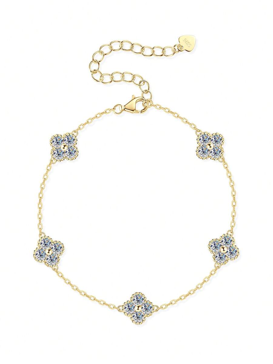 XUJIA 1PC Moissanite Bracelet For Women Four Leaf Clover Women's Fashion Bracelet In 925 Steling Silver – 3mm*20pcs Round Moissanite Lucky Charm Jewelry Sweet Valentine's Day Gift For Girlfriend & Wife - BMO-065 - View 1