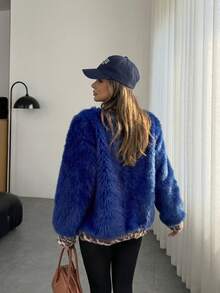 Women's Luxury Royal Blue Faux Fur Jacket Elegant Leopard Print Lining Fluffy Fuzzy Coat, Thick Warm Winter Outerwear For Carnaval Party Night Out Streetwear Chic Mob Wife Aesthetic Old Money Bontjas Fashion Panterprint - Royal Blue - View 10