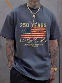 100% Cotton Vintage 250 Years T - Shirt, Faded Distressed American Flag Stars And Stripes Design, 'We The People' And 'SEMIQUINCENTENNIAL 1776 - 2026' Text, Celebrating 250th Anniversary Of America - 深灰色 - 查看 1