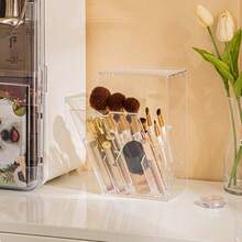 1pc Makeup Brush Holder, Transparent Makeup Brush Rack, 17 Slots Slanted Opening Detachable With Lid Design, Acrylic Makeup Brush Storage Box, Suitable For Vanity Decoration, Office And Home - Multicolor - View 8
