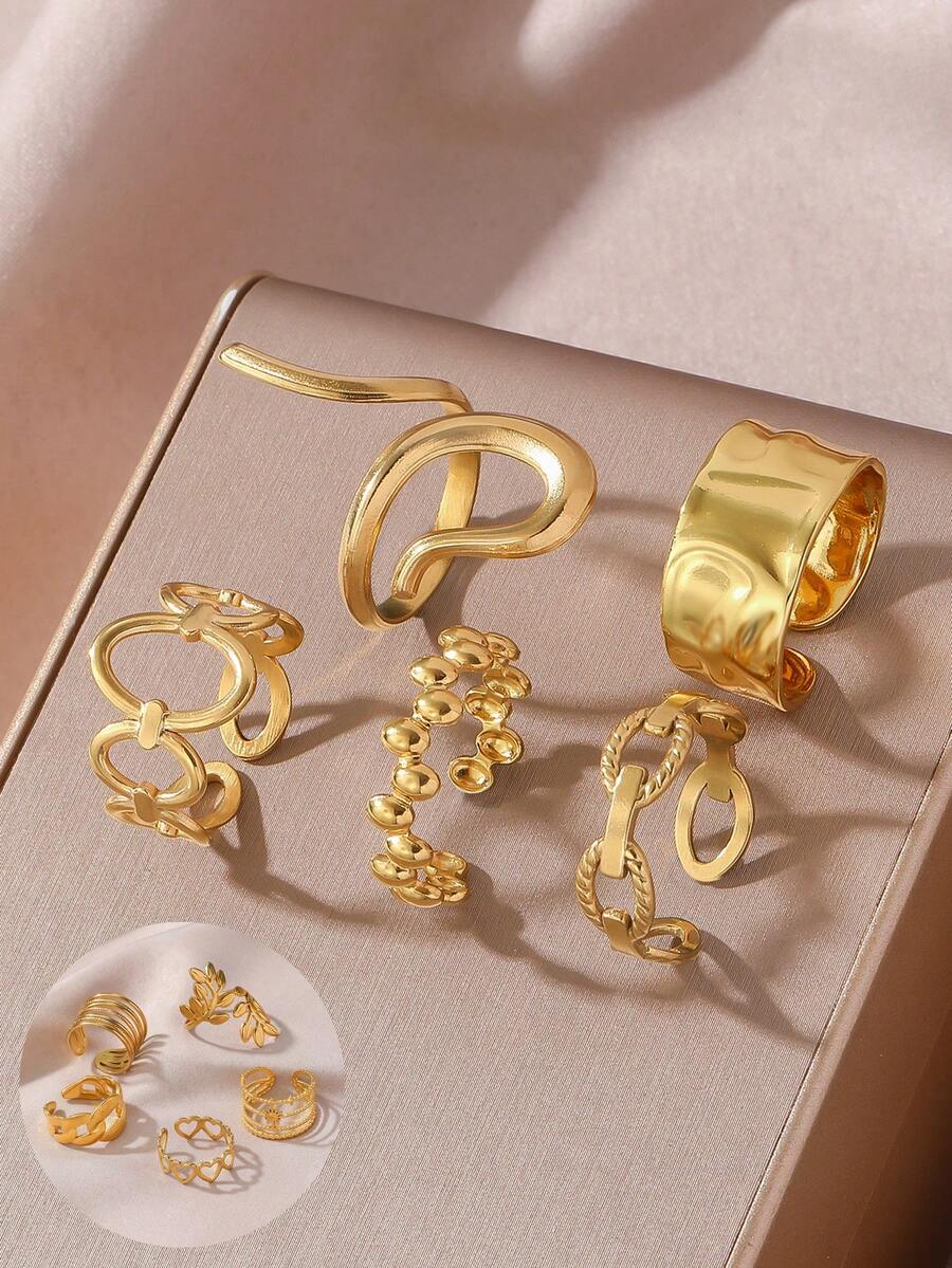 5pcs Stainless Steel Fashionable Leaf Geometric Pattern Open Rings, Suitable For Women's Daily Wear - Yellow Gold - View 1