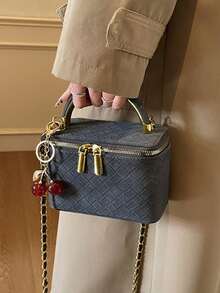 1个迷你菱格纹手提包，时尚PU材质链条单肩斜挎包，拉链封口，时尚小方包，适合通勤，附赠吊坠