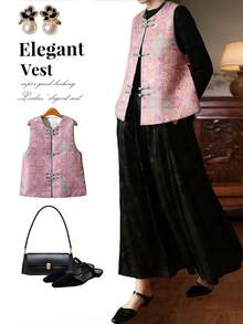 Exquisite Floral Pattern Round Neck Sleeveless Cardigan Top, Elegant New Chinese Style Tang Suit Jacket Top, Beautiful Women's Vest Cardigan Casual - Hot Pink - View 2
