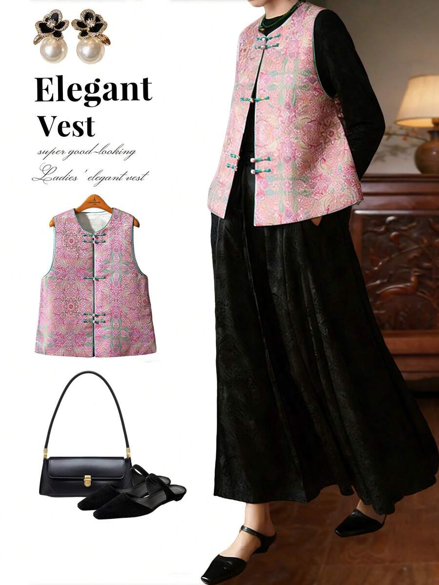 Exquisite Floral Pattern Round Neck Sleeveless Cardigan Top, Elegant New Chinese Style Tang Suit Jacket Top, Beautiful Women's Vest Cardigan Casual
