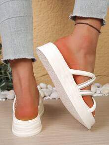 2026新款时尚仙女风一脚蹬凉鞋，韩版百搭厚底防滑绑带拖鞋，女士沙滩交叉拖鞋 - 米色 - 查看 3