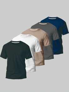 Set Of 5 Basic Plain Colored T-Shirts, 100% Cotton, 30.1 Yarn, Men's/Unisex, Breathable, Reinforced Seams, Immediate Shipping!! - 黑-白-米色-灰色-海軍藍 - 查看 2