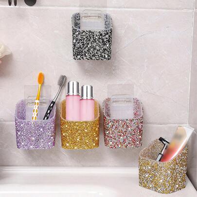 闪亮水钻粘性牙刷架，壁挂式淋浴和化妆品收纳架，时尚浴室和卧室收纳用品，母亲节、新年、情人节、结婚礼物，送给朋友的理想之选。