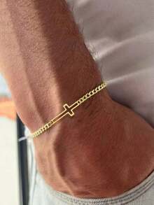 1 pieza Pulsera de cadena de acero inoxidable con cruz hueca, minimalista y de moda para hombres - Dorado - Ver 1
