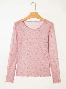 Acelitt 女士复古印花透视网纱性感修身长袖圆领上衣，海湾绿，度假风，秋季休闲度假粉色春季 - 粉色 - 查看 4