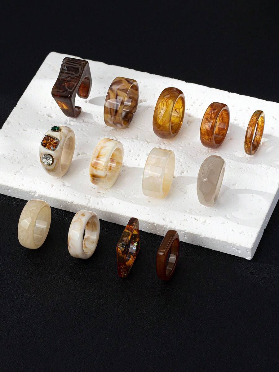 13pcs/Set Brown Toned Asymmetrical Multi-Element Rings, Gentle & Elegant Party Rings Set For Women, Suitable For Mother's Day, Valentine's Day, Daily Wear (Random Color) - Brown - View 1