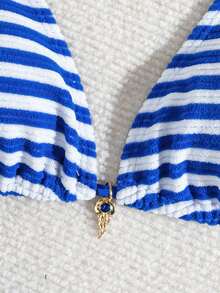 wohenmeili 夏季度假沙滩条纹比基尼套装 - 藍白條 - 查看 3