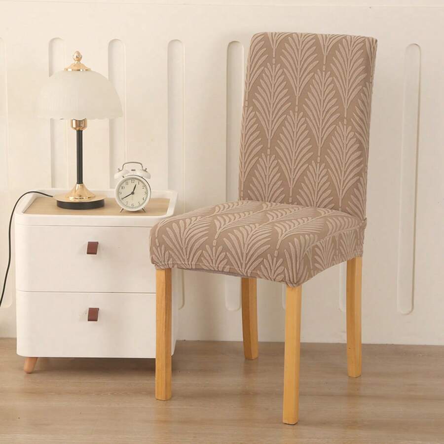 Funda elástica para silla de comedor con respaldo alto, diseño de hojas de jacquard, protector decorativo para cocina, hogar y hotel. - Caqui - Ver 1