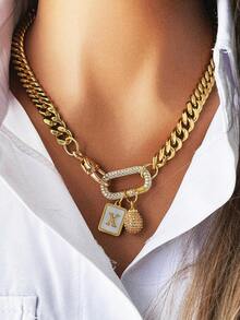 Este collar de mujer con mosquetón resistente presenta colgantes con forma de gota de agua y letras, con un diseño vintage de alta gama adecuado para usar en fiestas elegantes - Dorado - Ver 16