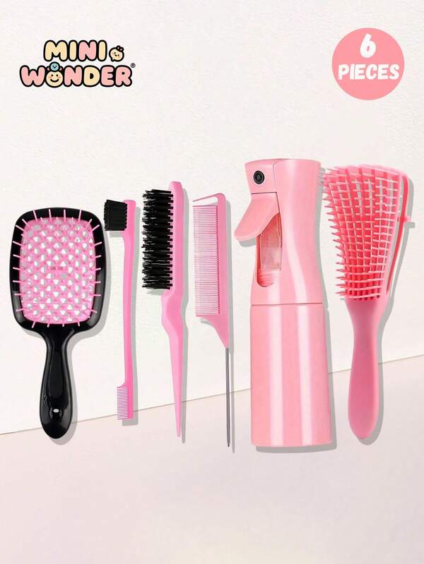 6pcs/5pcs/3pcs Children's Grid Comb Hairdressing Set, (6.8 Oz/200ml) Continuous Mist Spray Bottle, Eight Claw Hair Comb, Hairbrush, Mouse Tail Comb Edge Brush, , DIY Salon Styling Tool For Daily Hair Care It Is An Ideal Choice For Giving Gifts To Children