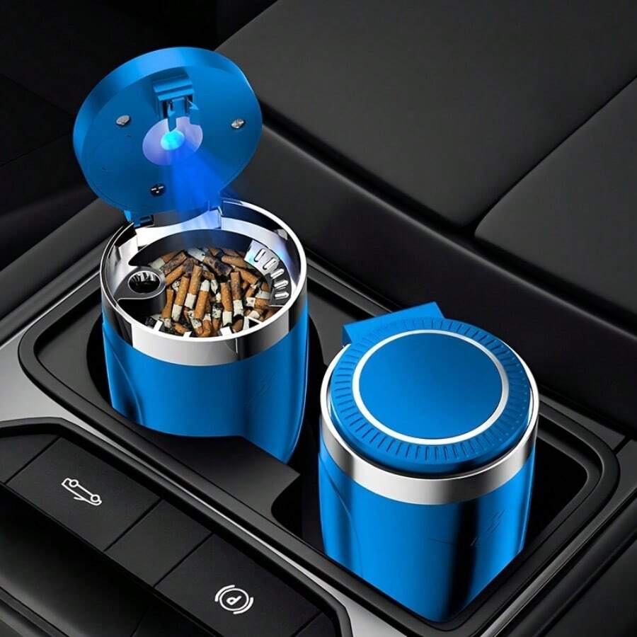 Ashtray With Lid,Smokeless Ashtray For Cup Holder Smell Proof,Detachable Stainless Steel Car Ash Tray With LED Auto Light, For Most Car, Office, Home - Màu xanh da trời - Xem 1