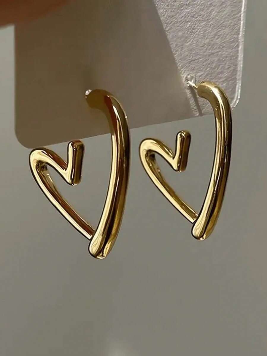1 par de pendientes con forma de corazón hueco, pendientes geométricos elegantes y minimalistas para mujeres - Dorado - Ver 1