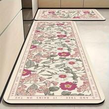 1/2/3pcs HUAJI Luxury Soft Pink/Beige/ Floral Non-Slip Mat - Heavy-Duty Rectangular Mat, High-Density Mat, Bathroom, Hallway - Machine Washable, Pink Tulip & Green Leaf Pattern (Easy Clean) - 17x24+17x47吋(2件) - 查看 3