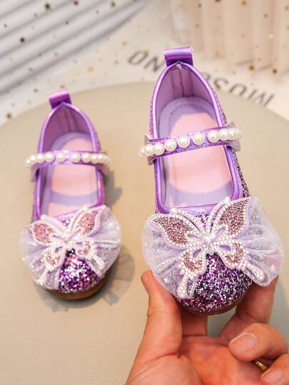 1 Pair Girls' Purple Butterfly Pearl Princess Shoes, Glitter Decor Soft Bottom Mary Jane Shoes, Cute Shoes For Children Party, Stage Performance