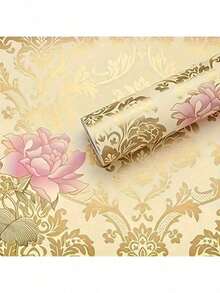 Eine Rolle selbstklebende Vinylvliestapete mit goldenen und rosa Hibiskusblumen Mustern, einfach abziehen und aufkleben. Geeignet für Wand Dekoration in Schlafzimmern, Wohnzimmern, Küchen, Esszimmern und Zuhause, sowie für die Renovierung von Tischplatten und Schränken. langanhaltend und abnehmbar. Verschiedene Größen erhältlich. - Gold - Übersicht 8