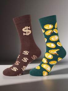 1-Pair Unisex Money-Themed Crew Socks - Brown Dollar Sign & Dark Green Coin Patterns, Fashionable Unisex Design, Fun Novelty Socks With Comfort & Elasticity, Suitable For Daily Wear/Office/Casual Occasions, Ideal Gift For All Seasons & Festivals - Multicolor - View 1