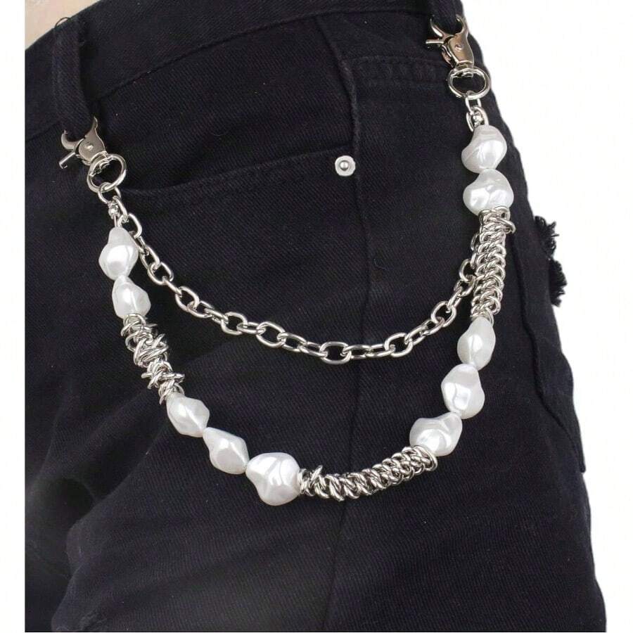 Layered Punk Pants Chain Men Women, Gothic Hip Hop Jean Chain Wallet Chain Biker Trouser Chain, Goth Emo Fashion Keychain Accessories - 2L-10 顆珍珠 - 查看 1