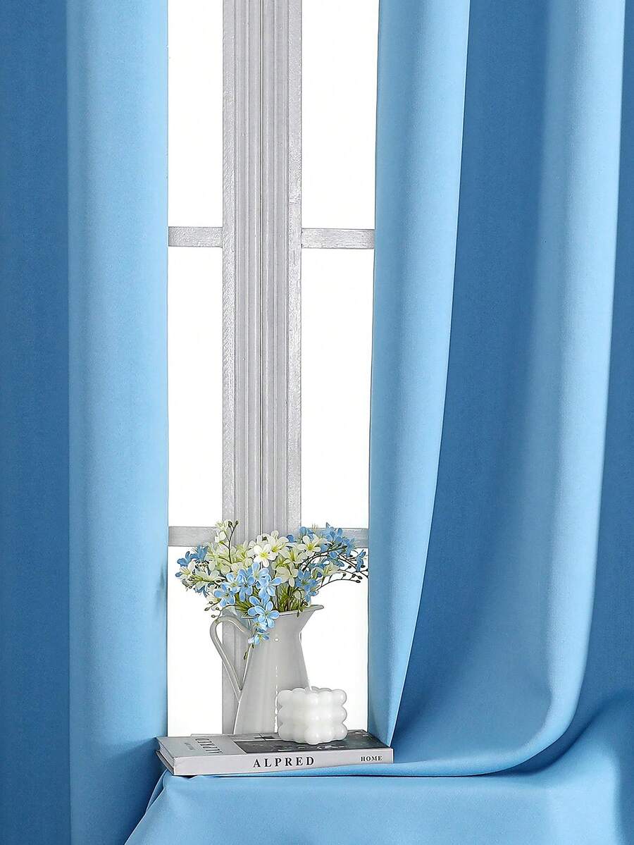 1pc Solid Color Curtain Fabric. The Curtain Can Block Sunlight And UV Rays, Insulate Against Summer Heat And Winter Cold, Balance Room Temperature, And Reduce Energy Costs. It Reduces External Noise And Protects Your Privacy, Creating A Good Working And Sleeping Environment. Each Curtain Has 6-8 Silver Metal Grommets At The Top. Easy To Match With Standard Curtain Rods. Easy To Hang And Slide Smoothly. Suitable For Office, Bedroom, Living Room. - Blue - View 1