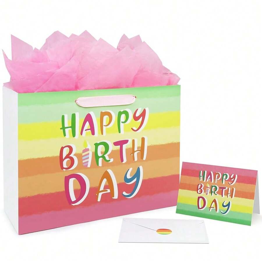 13\ Rainbow Gift Bags Happy Birthday Party Favor Paper Bags Set With Tissue Paper Greeting Card For Women' Birthday Party, Wedding, Anniverss, Monther's Day - 彩虹條紋色 - 查看 1